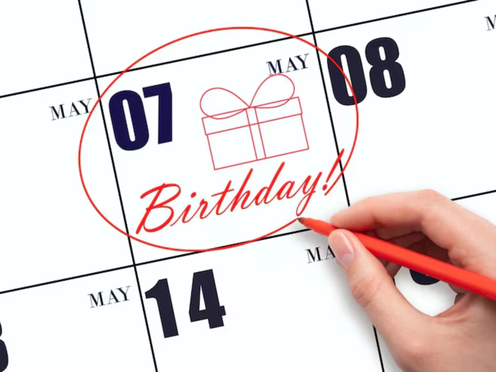 Рука обводить червоним маркером дату в календарі з підписом Birthday